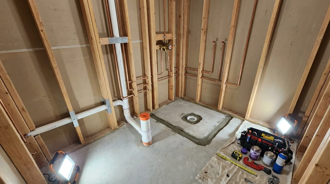 Bathroom rough-in plumbing during remodel by Johns Plumbing LLC in North Fort Myers