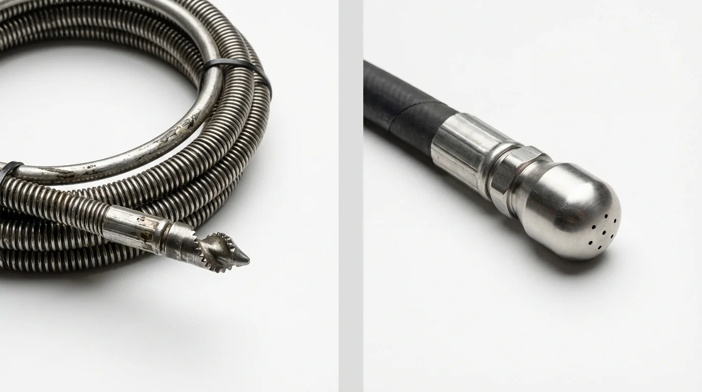 Drain snake cable and hydro jetting nozzle used for drain cleaning in North Fort Myers, FL