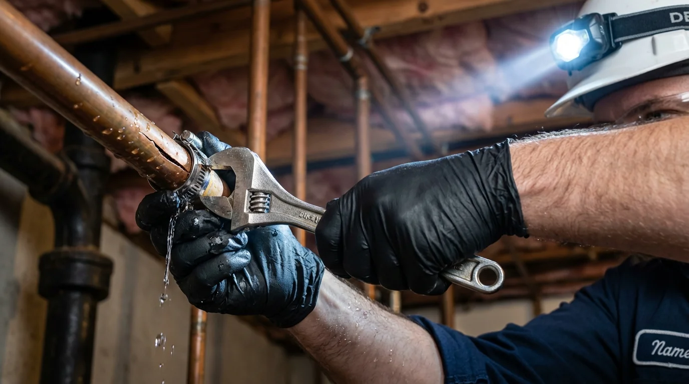 Emergency pipe clamp repair being performed by a Johns Plumbing LLC plumber in North Fort Myers
