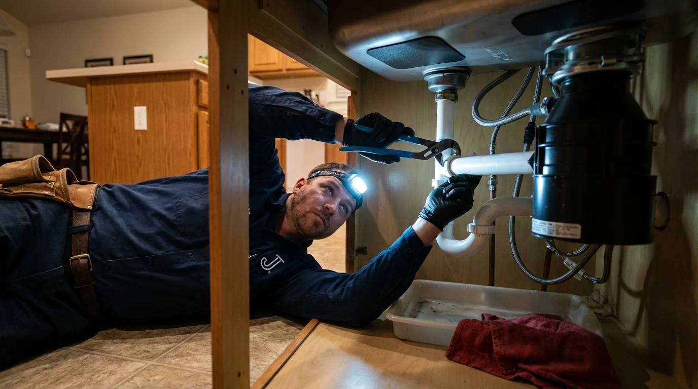 P-trap and supply line connections under a kitchen sink showing a common leak point in North Fort Myers, FL